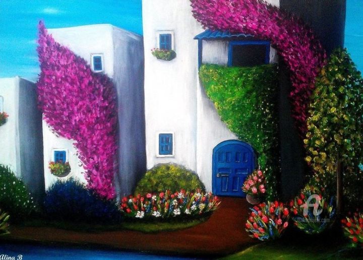 Malerei mit dem Titel ""Holidays in Greece"" von Alina Burinskaite Art, Original-Kunstwerk, Acryl
