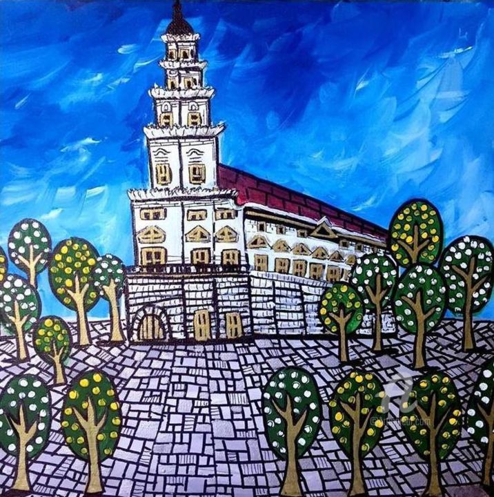 Malerei mit dem Titel ""Town Hall"" von Alina Burinskaite Art, Original-Kunstwerk, Acryl