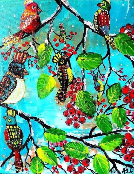 Malerei mit dem Titel ""Birds banquet"" von Alina Burinskaite Art, Original-Kunstwerk, Acryl