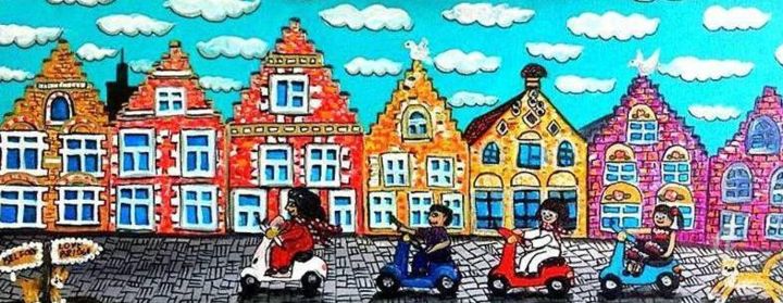 Painting titled ""Funny ride at Brug…" by Alina Burinskaite Art, Original Artwork, Acrylic