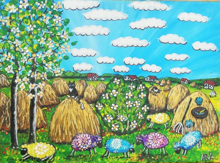 「"Sheeps at Colourla…」というタイトルの絵画 Alina Burinskaite Artによって, オリジナルのアートワーク, アクリル