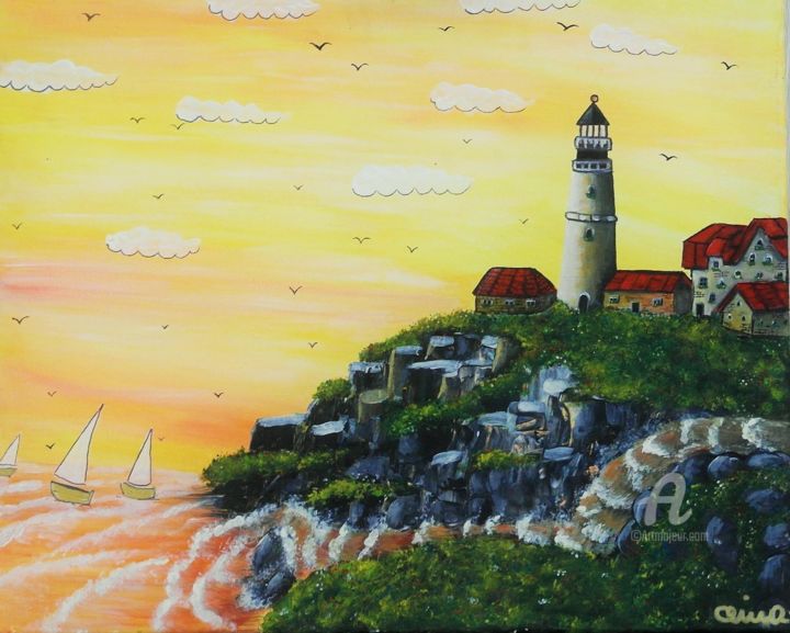 Malerei mit dem Titel ""Lighthouse"" von Alina Burinskaite Art, Original-Kunstwerk, Acryl