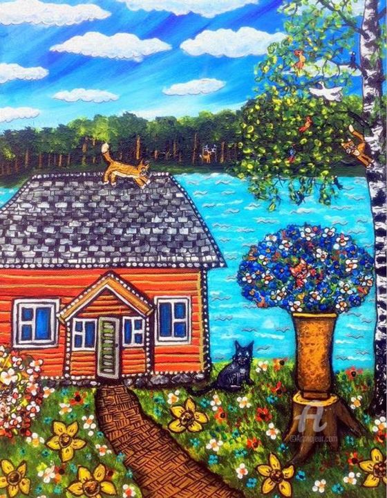 Malerei mit dem Titel ""Cats at summertime"" von Alina Burinskaite Art, Original-Kunstwerk, Acryl