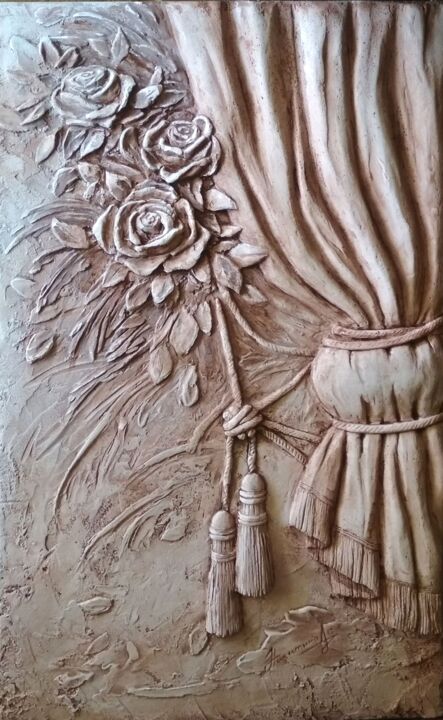 Sculpture titled "Roses. Bas-relief" by Alina Nikitina, Original Artwork, Plaster Mounted on Other rigid panel