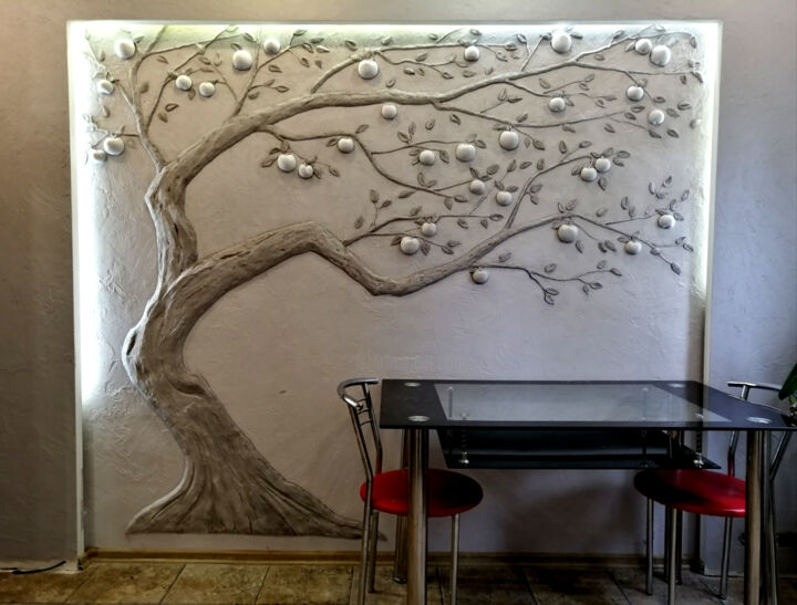 Sculpture titled "Apple tree. Bas-rel…" by Alina Nikitina, Original Artwork, Plaster Mounted on Other rigid panel