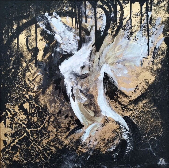 Painting titled "Winged Woman" by Alina Nikitina, Original Artwork, Acrylic Mounted on Wood Panel