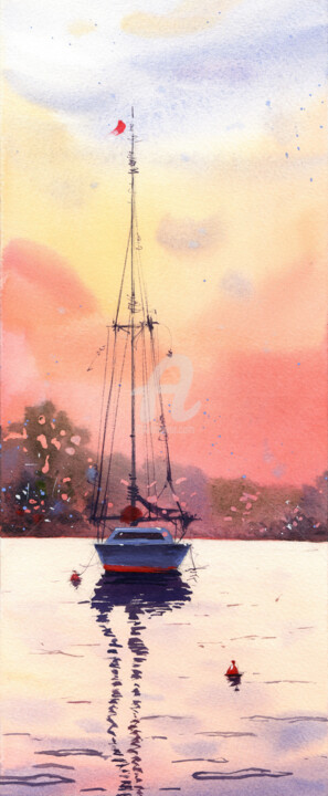 Painting titled "🌟PEACH SUNSET #2 🌟…" by Alina Shangina, Original Artwork, Watercolor
