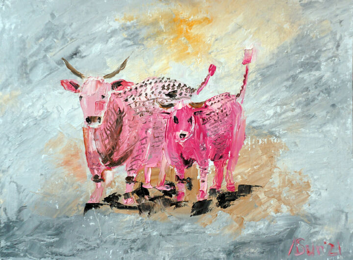 Painting titled "Strawberry cow" by Alina Sunny, Original Artwork, Oil