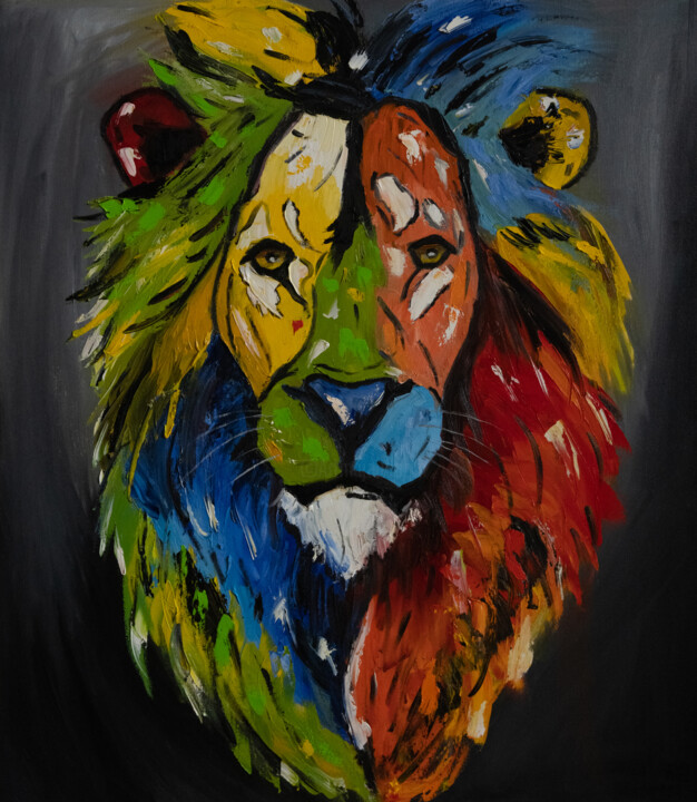 Painting titled "The lion colourful…" by Alina Odwyer, Original Artwork, Oil