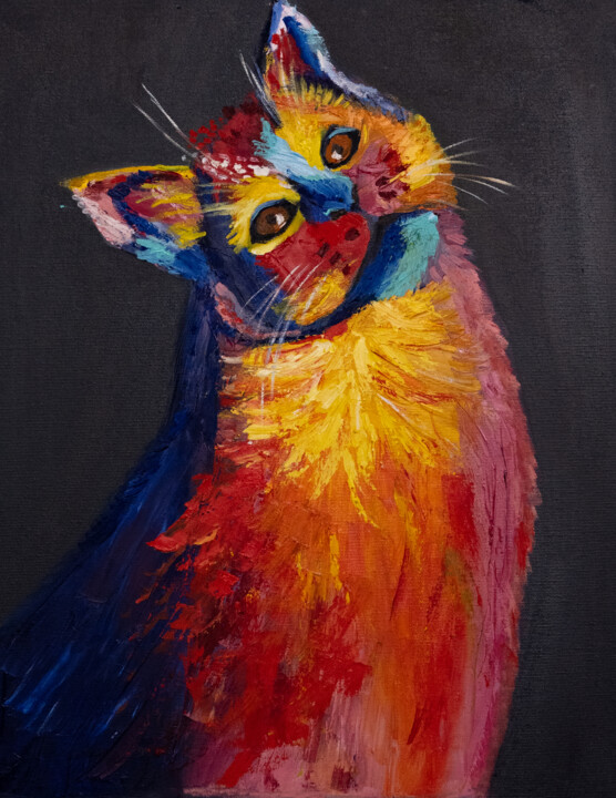 Malarstwo zatytułowany „Colourful cat pet a…” autorstwa Alina Odwyer, Oryginalna praca, Olej
