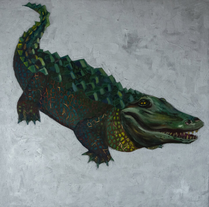 Painting titled "Crocodile on a silv…" by Alina Odwyer, Original Artwork, Oil