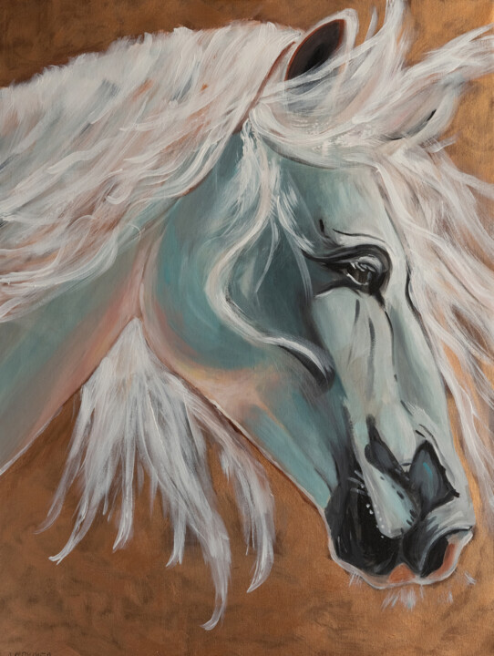 Painting titled "White horse portrai…" by Alina Odwyer, Original Artwork, Oil