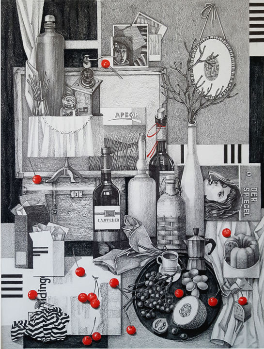 Dessin intitulée "Stillleben mit Kirs…" par Alina Eret, Œuvre d'art originale, Crayon