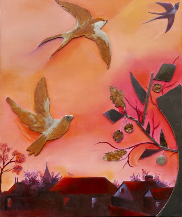 Peinture intitulée "retour des hirondel…" par Aline Villain, Œuvre d'art originale, Collages
