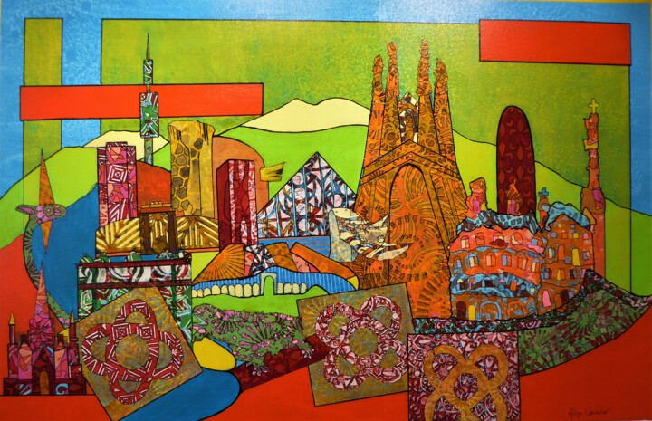 Painting titled "Barcelone" by Aline Chevalier, Original Artwork, Collages
