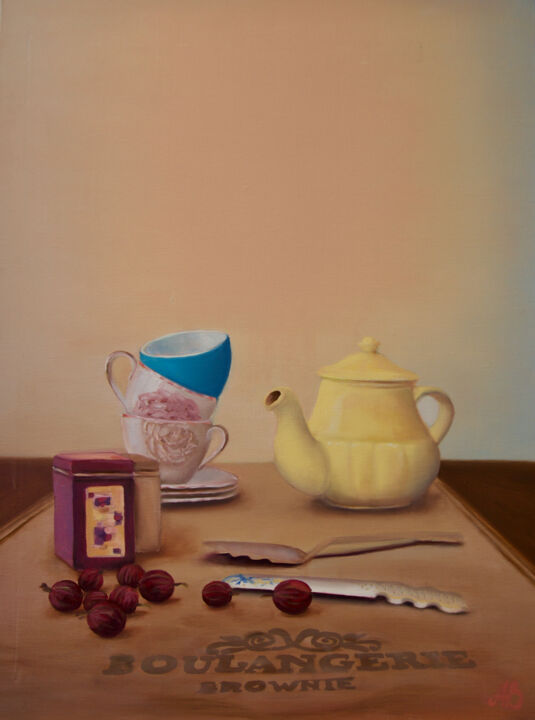 Malerei mit dem Titel "Tea time" von Alisa Burachuk, Original-Kunstwerk, Öl