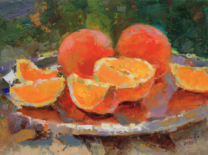 Painting titled "Oranges on green" by Alisa Onipchenko-Cherniakovska, Original Artwork, Oil Mounted on Other rigid panel