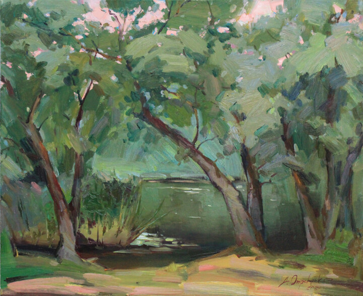 Painting titled "At the river" by Alisa Onipchenko-Cherniakovska, Original Artwork, Oil Mounted on Wood Stretcher frame