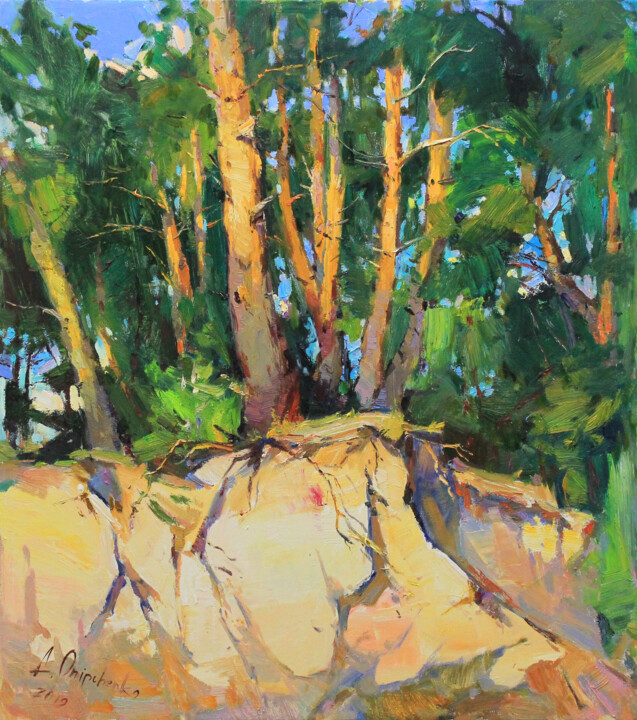 Pittura intitolato "Pine trees" da Alisa Onipchenko-Cherniakovska, Opera d'arte originale, Olio Montato su Telaio per barell…