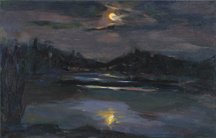 Painting titled ""Moon night"" by Alisa Onipchenko-Cherniakovska, Original Artwork, Oil Mounted on Wood Stretcher frame