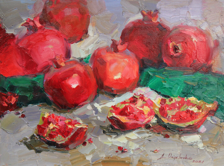 Painting titled "Pomegranate on grey" by Alisa Onipchenko-Cherniakovska, Original Artwork, Oil Mounted on Other rigid panel