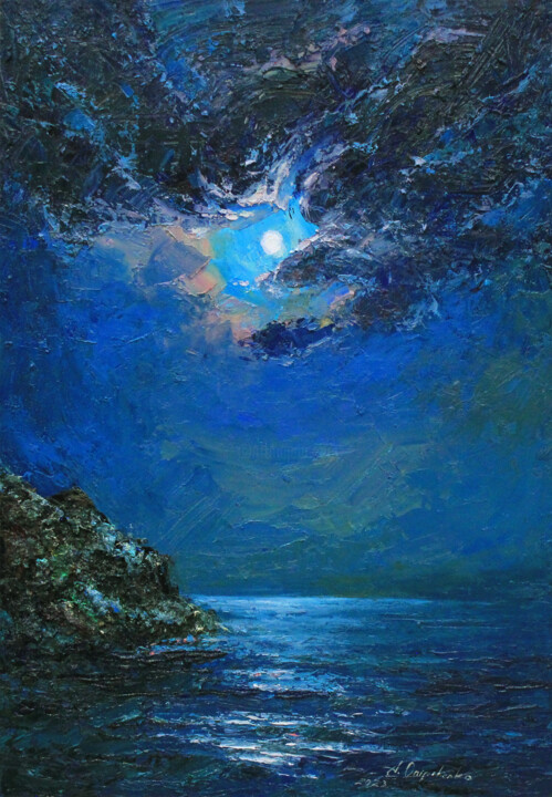 Painting titled "Cloudy night" by Alisa Onipchenko-Cherniakovska, Original Artwork, Oil Mounted on Other rigid panel