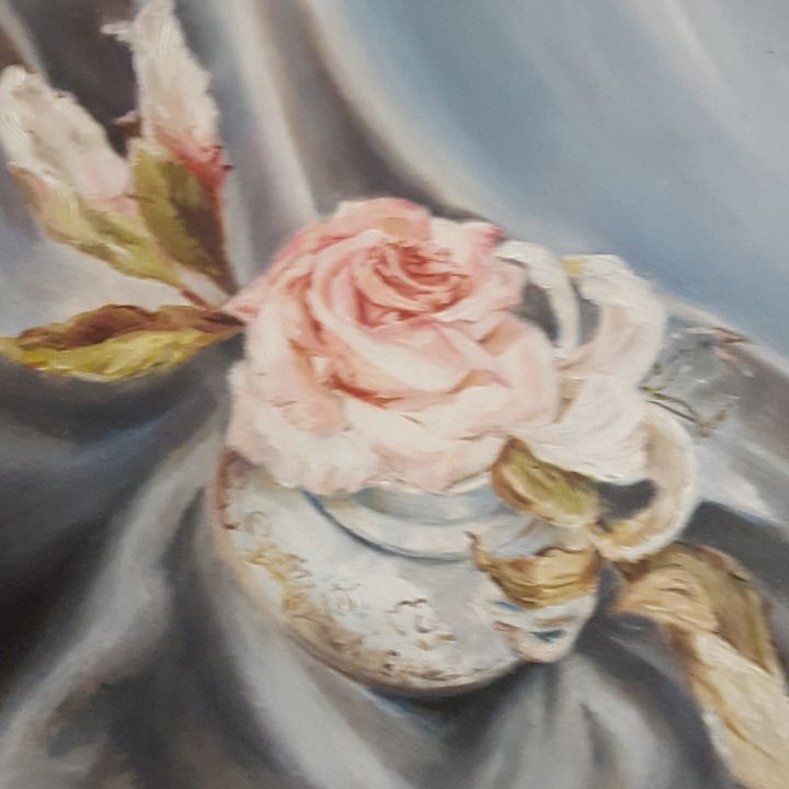 Картина под названием "Роза в вазочке" - Натали  Дидух, Подлинное произведение искусства, Масло