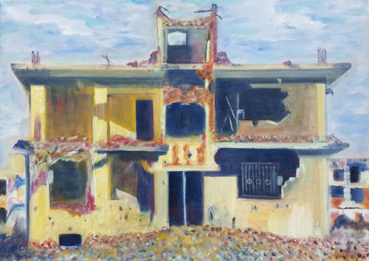 Peinture intitulée "La Maison jaune" par Ali Ucar, Œuvre d'art originale, Huile