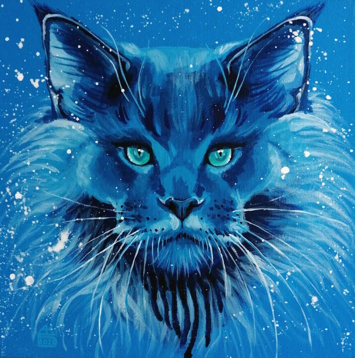 Painting titled "The Maine Coon Cat…" by Aliya Bagmanova, Original Artwork, Acrylic Mounted on Cardboard