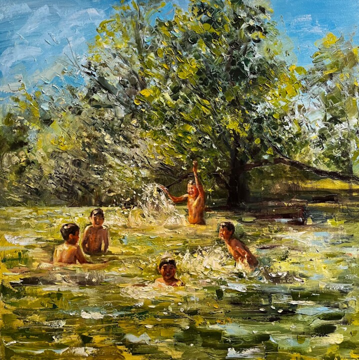 "“The swimming boys”" başlıklı Tablo Aliya Shagieva tarafından, Orijinal sanat, Petrol Ahşap Sedye çerçevesi üzerine monte e…