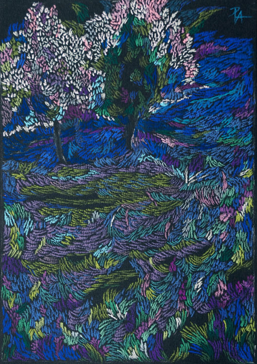 Disegno intitolato "Night garden" da Aliz Posta, Opera d'arte originale, Pastello