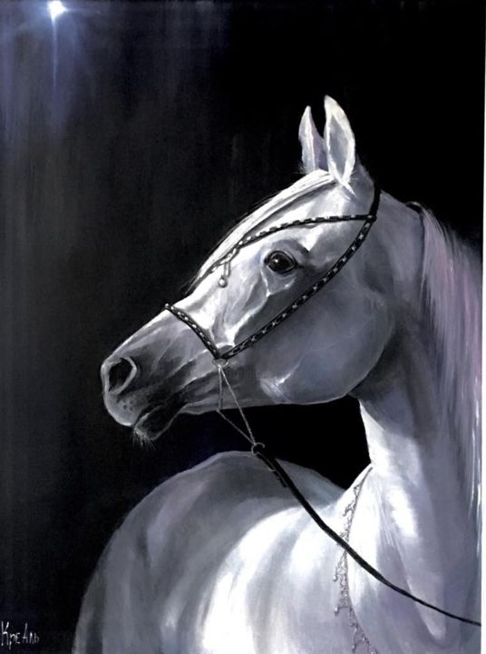 "Портрет белой лошади" başlıklı Tablo Almira Krechetova tarafından, Orijinal sanat, Petrol Ahşap Sedye çerçevesi üzerine mon…