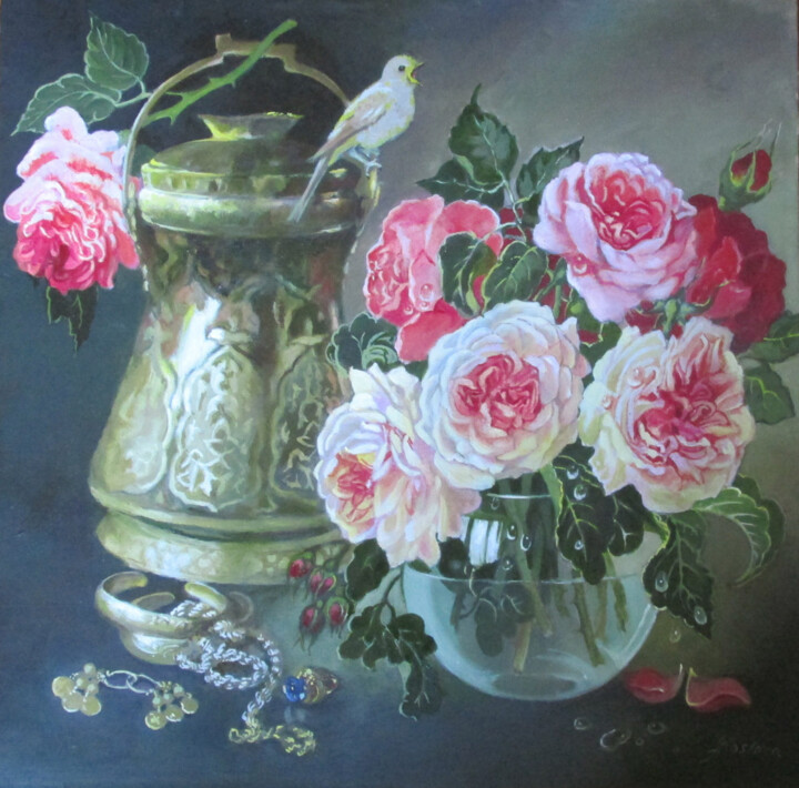 Painting titled "Соловей и розы" by Alla Aqua, Original Artwork, Oil