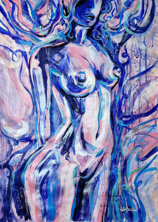 Painting titled "NUDE IN BLUE 2" by Alla Broska, Original Artwork, Acrylic