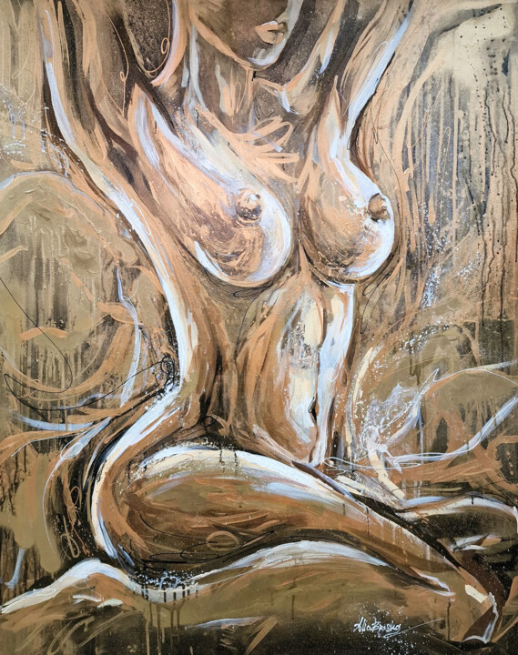 Painting titled "NUDE IN BRONZE ON B…" by Alla Broska, Original Artwork, Acrylic Mounted on Wood Stretcher frame