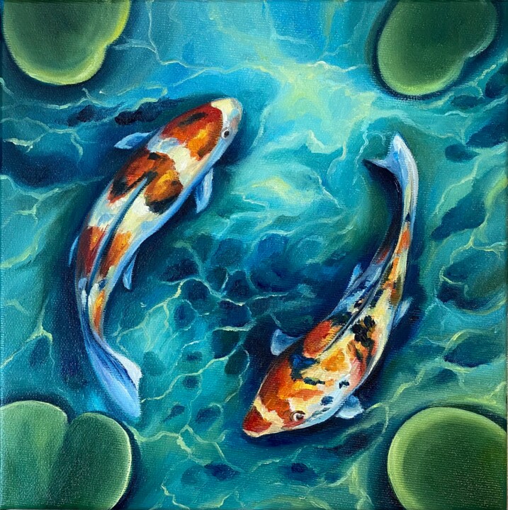 Painting titled "Two Koi Fish" by Alla Kyzymenko, Original Artwork, Oil
