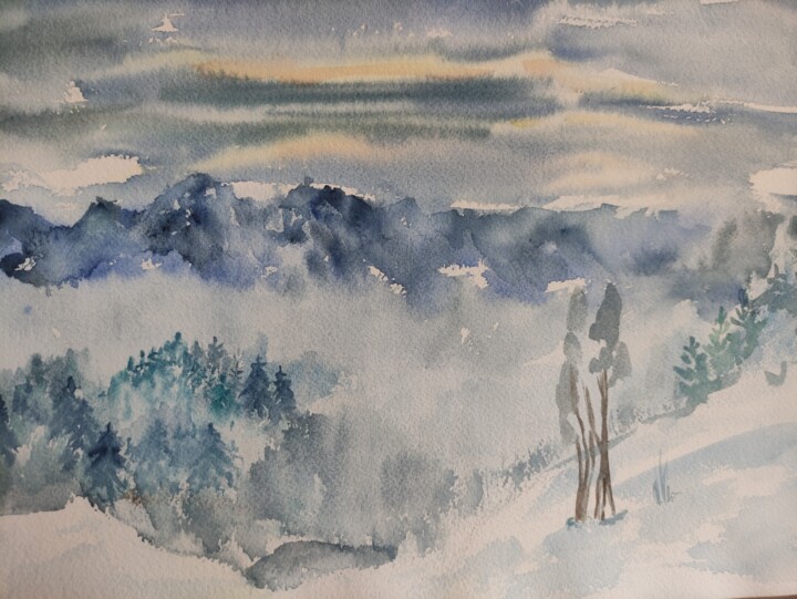 Painting titled "Painting winter lan…" by Alla Orlova, Original Artwork, Watercolor