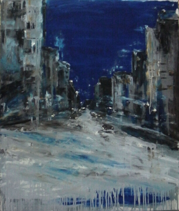 Painting titled "Night city" by Alla Ronikier, Original Artwork, Oil Mounted on Wood Stretcher frame