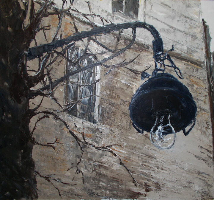 Malerei mit dem Titel "Street lantern" von Alla Ronikier, Original-Kunstwerk, Öl Auf Keilrahmen aus Holz montiert