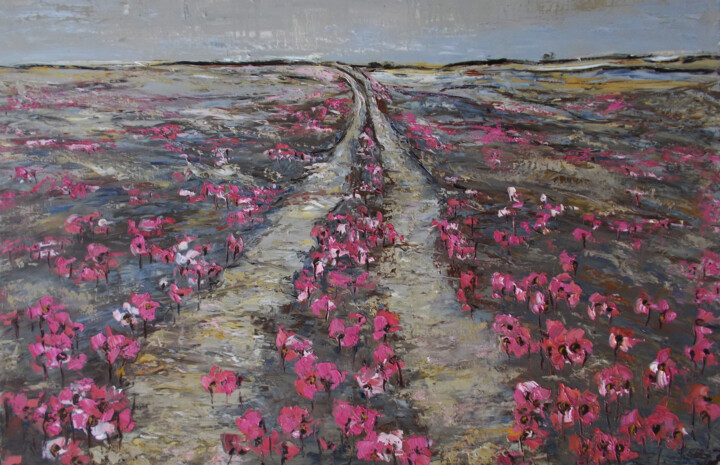 Painting titled "My Motherland.  Road" by Alla Ronikier, Original Artwork, Oil Mounted on Wood Stretcher frame