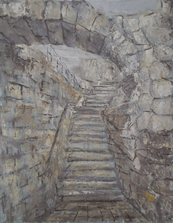 Painting titled "Jerusalem. Stairs" by Alla Ronikier, Original Artwork, Oil Mounted on Wood Stretcher frame