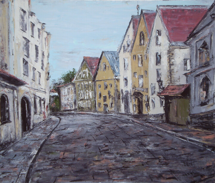 Painting titled "Tallinn city" by Alla Ronikier, Original Artwork, Oil Mounted on Wood Stretcher frame