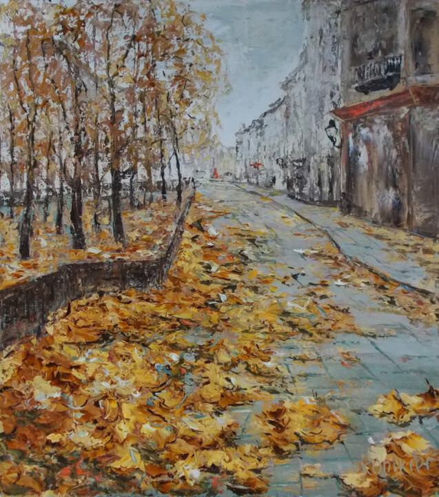Картина под названием "Autumn leaf fall." - Alla Ronikier, Подлинное произведение искусства, Масло Установлен на Деревянная…