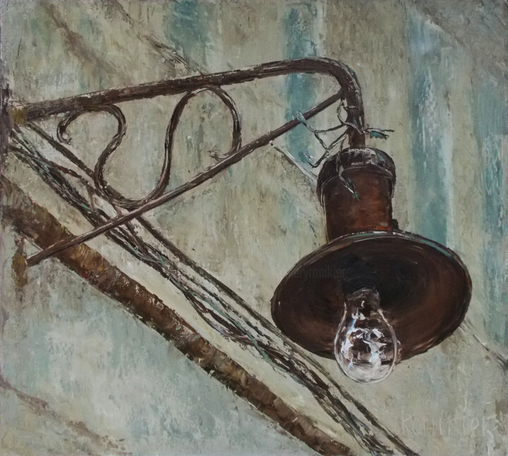 Painting titled "Rusty street lamp" by Alla Ronikier, Original Artwork, Oil Mounted on Wood Stretcher frame