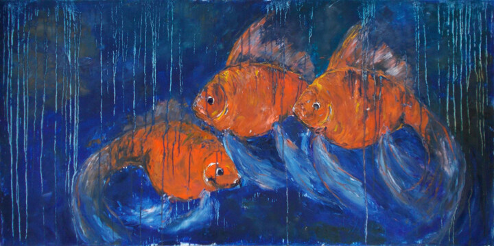 Peinture intitulée "Goldfish" par Alla Ronikier, Œuvre d'art originale, Huile Monté sur Châssis en bois