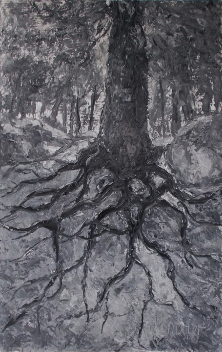 Schilderij getiteld "The saga of trees.…" door Alla Ronikier, Origineel Kunstwerk, Olie Gemonteerd op Frame voor houten bran…
