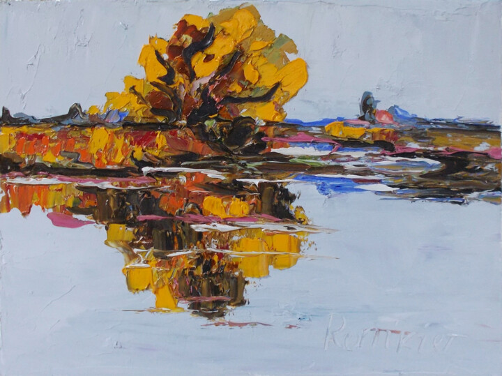 Painting titled "Autumn mirror" by Alla Ronikier, Original Artwork, Oil Mounted on Wood Stretcher frame