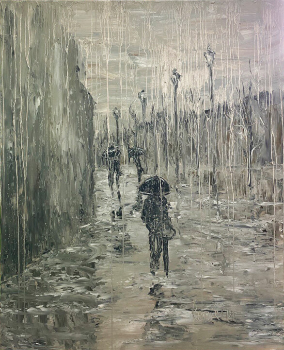 Malarstwo zatytułowany „City in the rain....” autorstwa Alla Ronikier, Oryginalna praca, Olej Zamontowany na Drewniana rama…