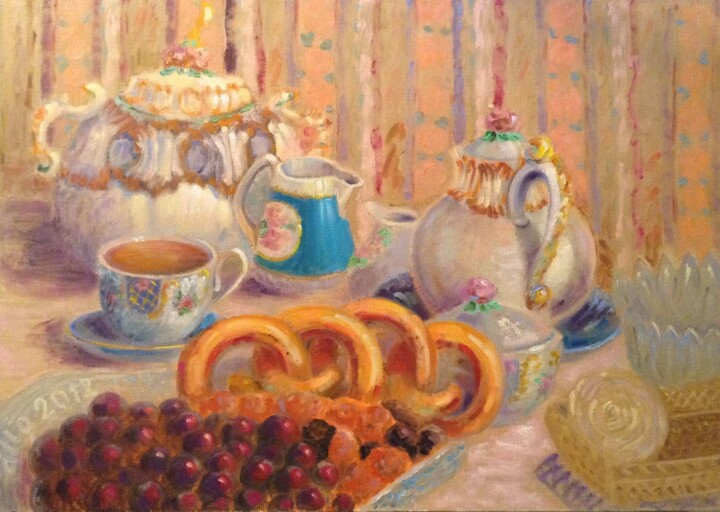 Painting titled "Натюрморт с крендел…" by Alla Senatorova, Original Artwork, Oil