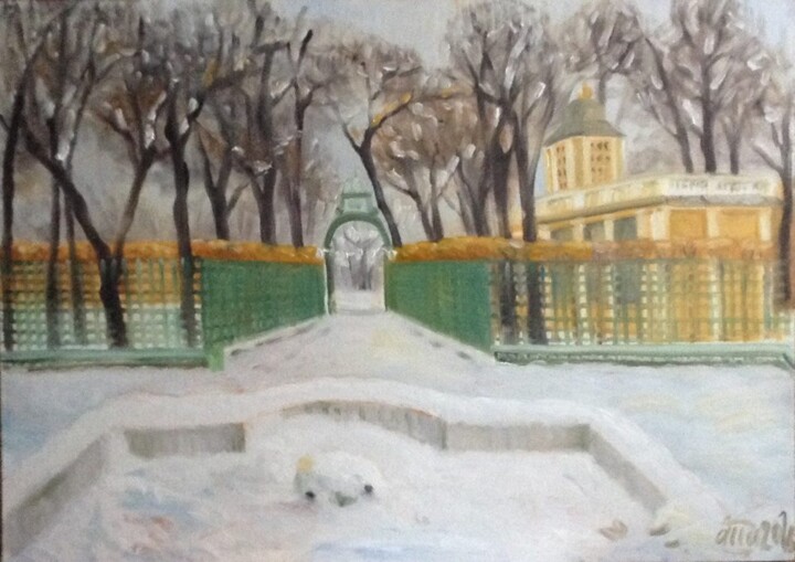 Картина под названием "Снег в "Летнем Саду"" - Алла Сенаторова, Подлинное произведение искусства, Масло
